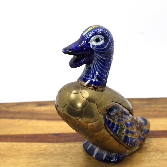 Vintage Tonala Mexican Folk Art Brass Hand Painted Ceramic Pair Duck Figurines - Picture 7 of 10
